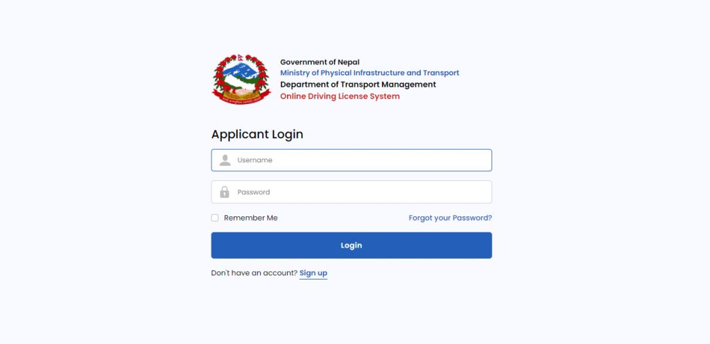 signup page for driving license online registration in Nepal